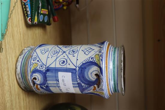 An 18th century Italian maiolica albarello height 21cm